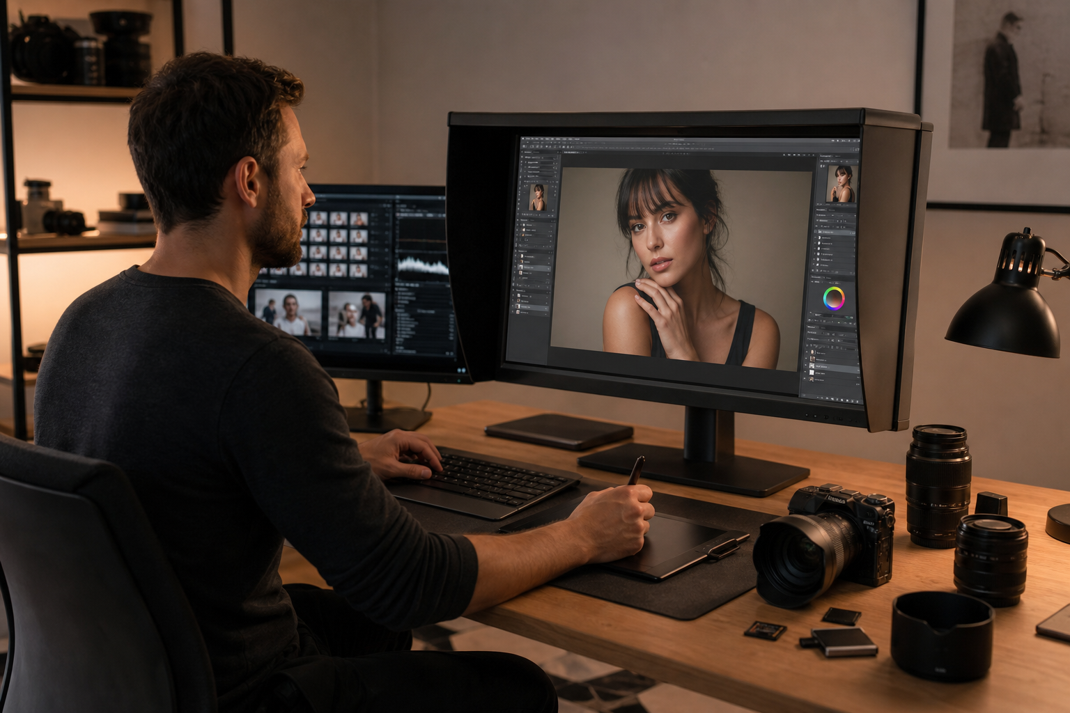 Photographer retouching a portrait on a large monitor