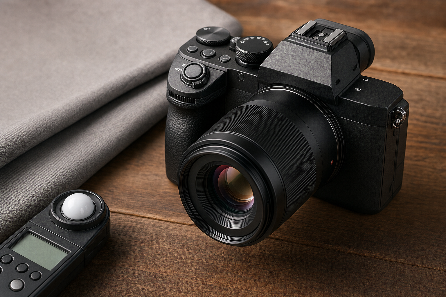 Camera and prime lens detail on a table