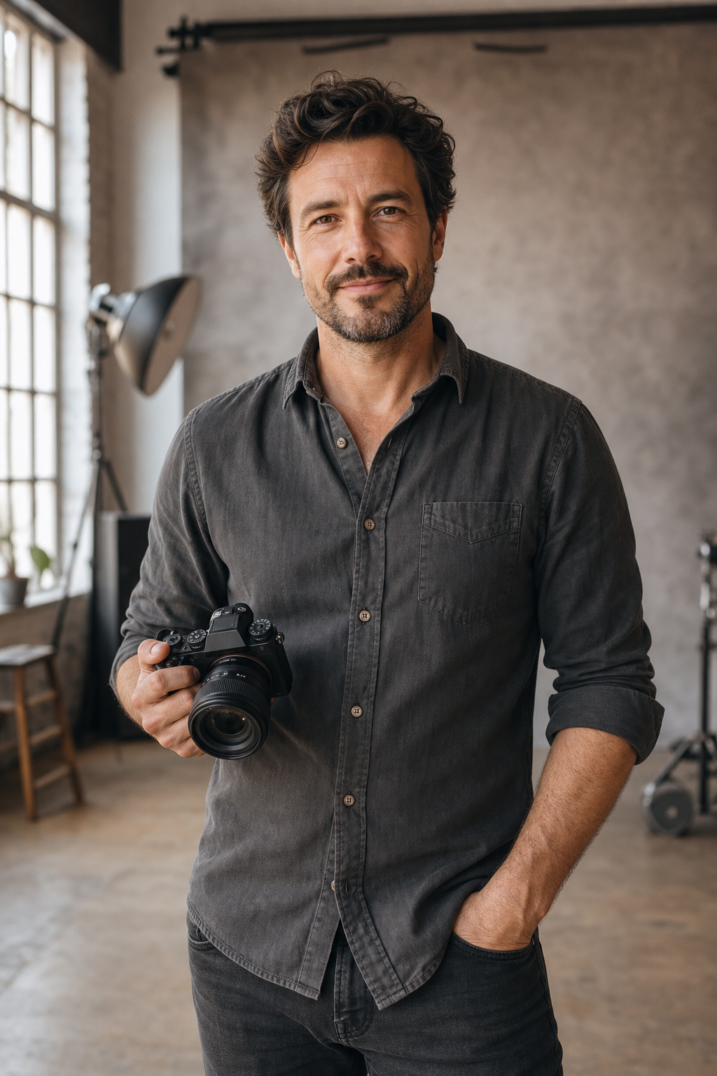 Jordan Mitchell, founder and photographer at Halide Portrait Studio, holding a camera
